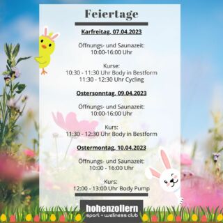 Hallo ihre Lieben✨ 
Unsere Öffnungszeiten sowie Kurse an den Feiertagen. 🐇💐

#ostern #gym #osnabrück #öffnungszeiten #sauna #pool #wellness #fitness #sport