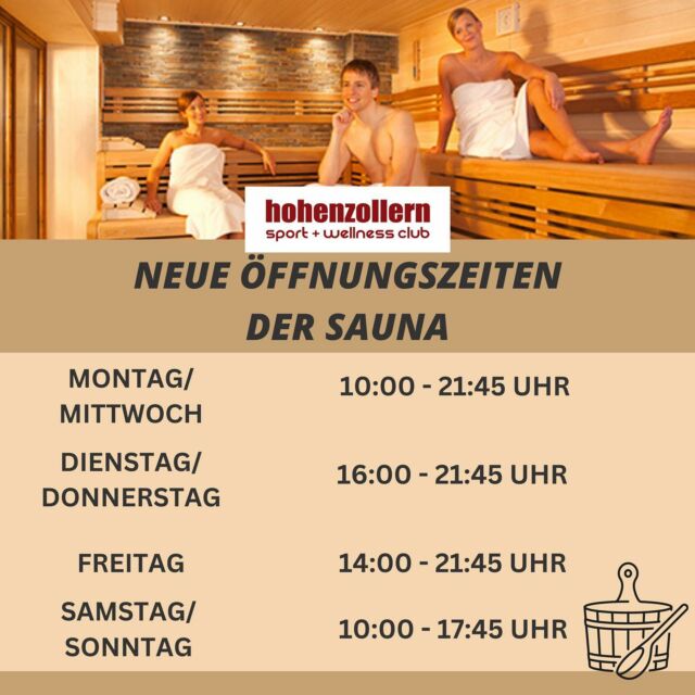 Hallo, liebe Mitglieder, 

es freut uns, euch mitzuteilen, dass nun auch montags ab 10 Uhr die Sauna geöffnet ist🩷😶‍🌫️.

Viel Spaß beim Saunieren.🧖‍♀️

#sauna #sport #fitness #hohenzollernsportundwellnessclub #osnabrück #pool #wellness