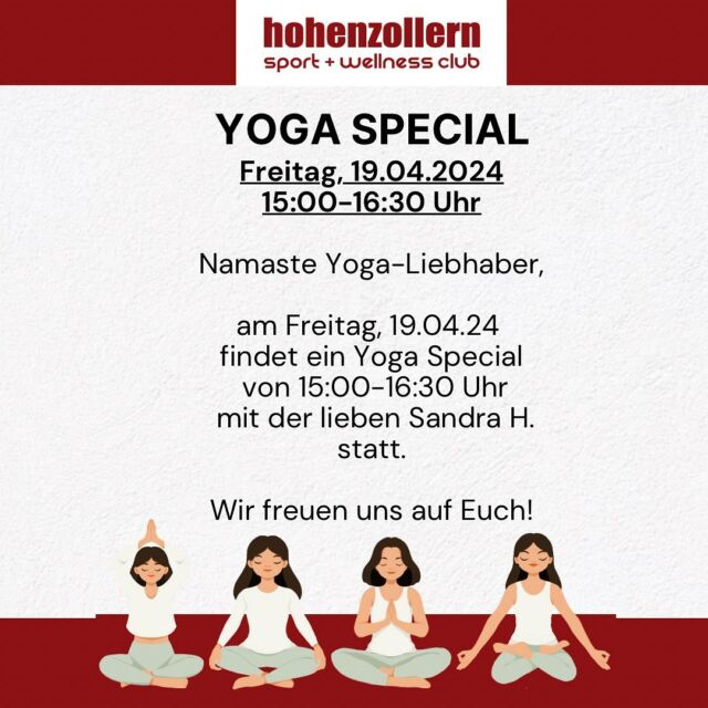 🧘🏽‍♀️ YOGA SPECIAL 🧘🏽‍♀️

🗓️Freitag, 19.04.2024
🕰️15:00 - 16:30 Uhr 
🧘🏽‍♀️ Trainerin Sandra Hoppe

Wir freuen uns auf Euch! ✨

Euer Hohenzollern Team 

#yogaspecial #yogaosnabrück #namaste #jederistwillkommen #wirfreuenunsaufeuch