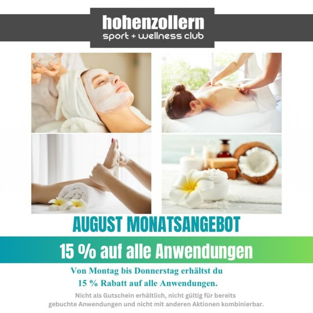 Wellness Monatsangebot 🪔

Liebe Mitglieder, 

von Montag bis Donnerstag erhält ihr 15% Rabatt auf alle Anwendungen. 🤩

*Nicht als Gutschein erhältlich, nicht gültig für bereits gebuchte Anwendungen und nicht mit anderen Aktionen kombinierbar.*

Das Wellness Team freut sich auf euch! 

#wellness #spa #entspannung #monatsangebot #august #wellnessosnabrück #kosmetik #massage #nagelpflege #verwöhnenlassen #auszeit #genießen